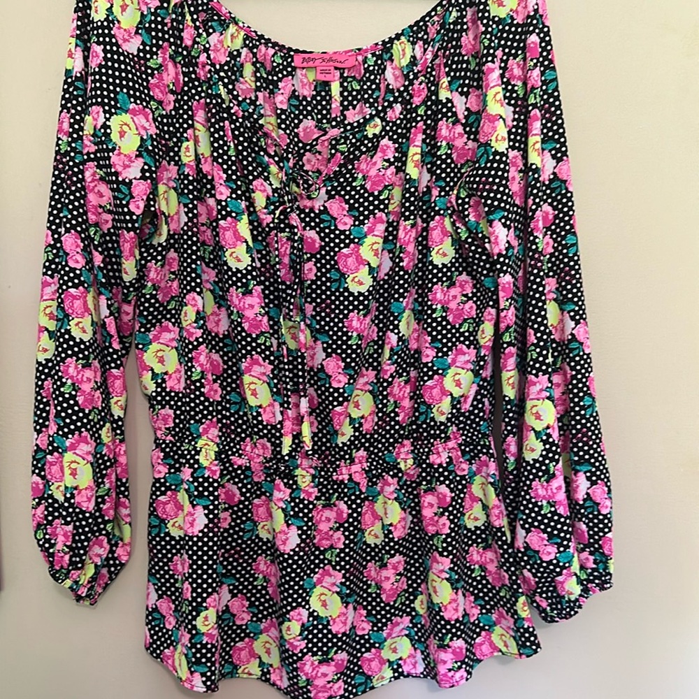 Betsy Johnson Peplum Blouse, polka dots and floral design